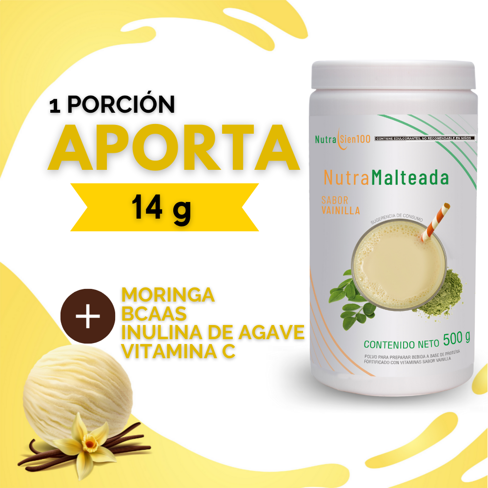 Nutrasien100 Malteada en Polvo Vainilla 500g 14gr Proteína Sin azúcar