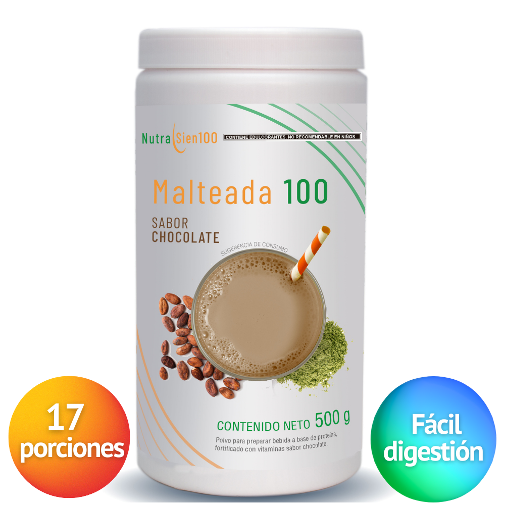 Nutrasien100 Malteada de proteína sabor Chocolate. Sin grasa Sin azúcar. 15 g proteína 500g 17 porciones. Nutramalteada