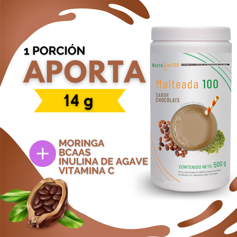 Nutrasien100 Malteada de proteína sabor Chocolate. Sin grasa Sin azúcar. 15 g proteína 500g 17 porciones. Nutramalteada