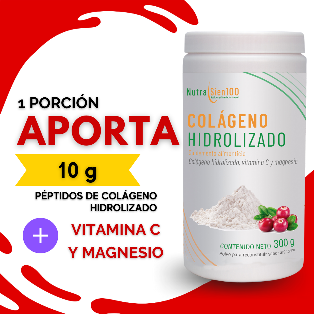 Nutrasien100 COLÁGENO hidrolizado puro en Polvo con Vitamina C y Magnesio Sin Azúcar Beneficia piel, cabello y articulaciones 300 g / 20 porciones