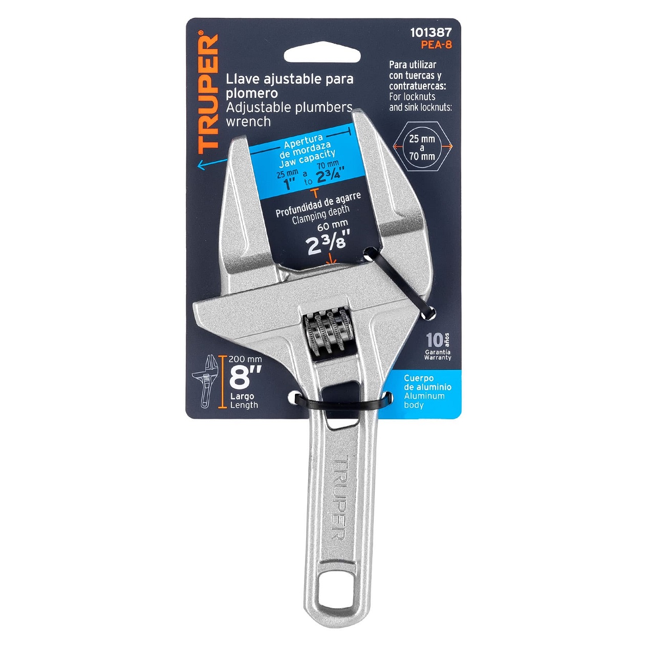 Perico de 20 cm Llave ajustable 8" para plomero apertura 3", Truper
