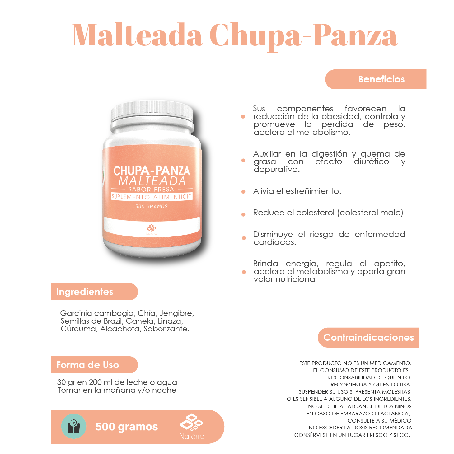 Malteada Fresa Chupa Pansa NaTerra 500gm