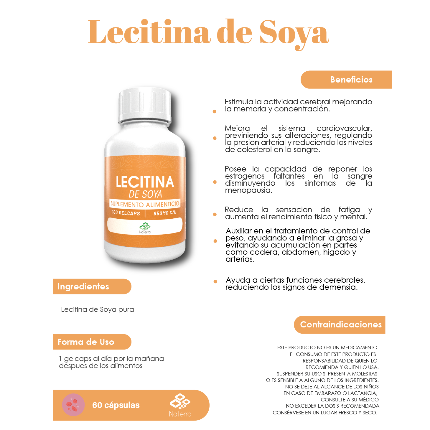 Lecitina de Soya NaTerra 100 gelcaps