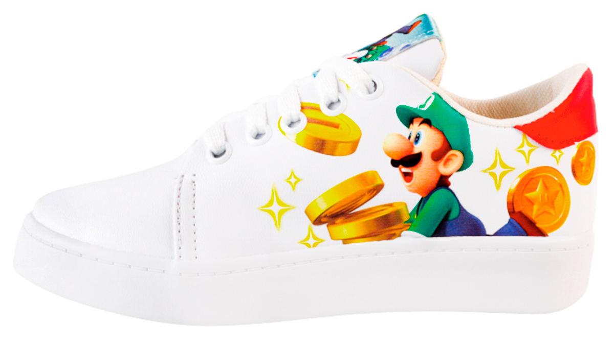 Tenis Super Mario Bros Luigi Videojuego Agujeta Cómodos 447-bmb Blanco.