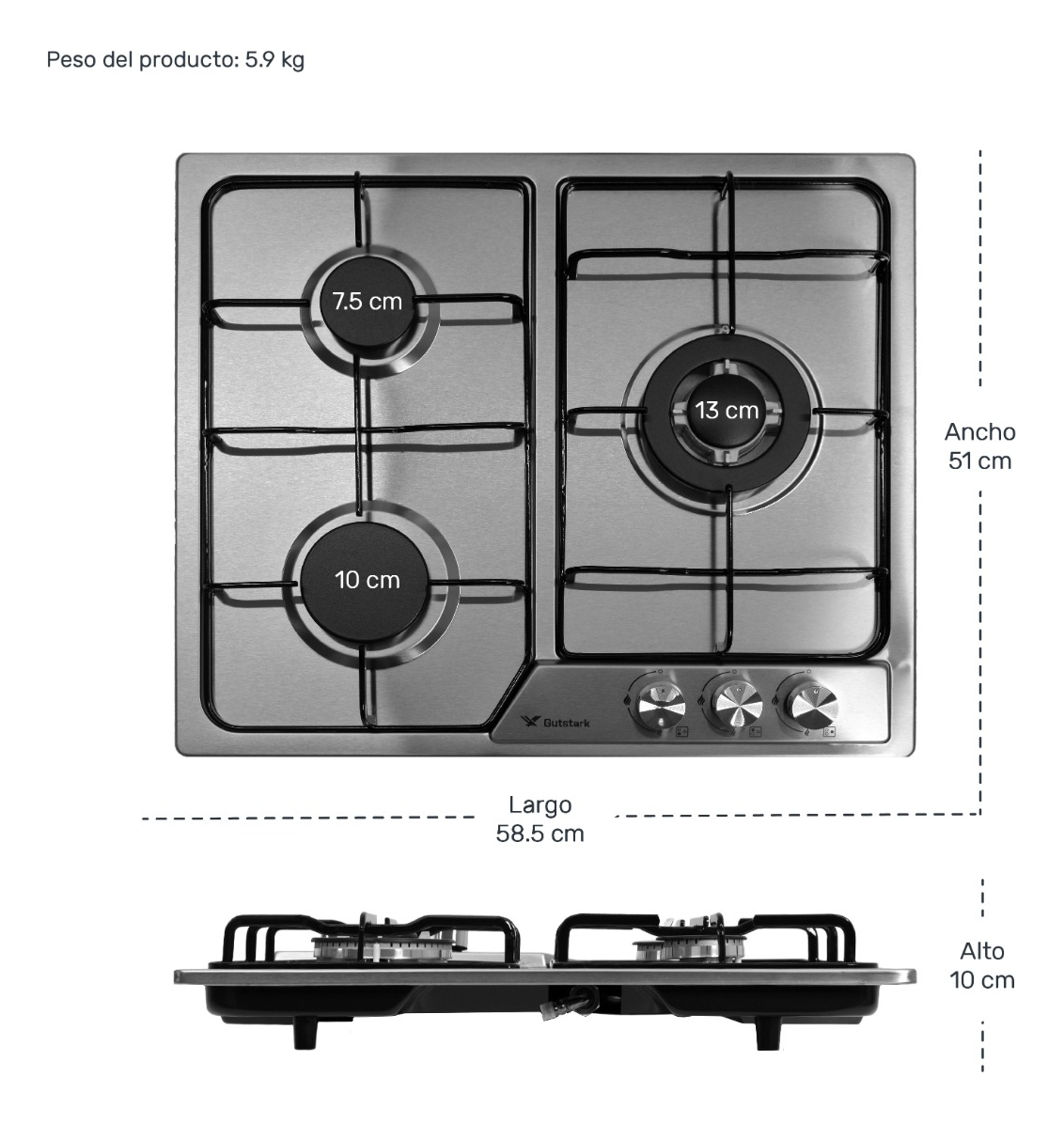 Parrilla 3 Quemadores Acero Inoxidable Templado