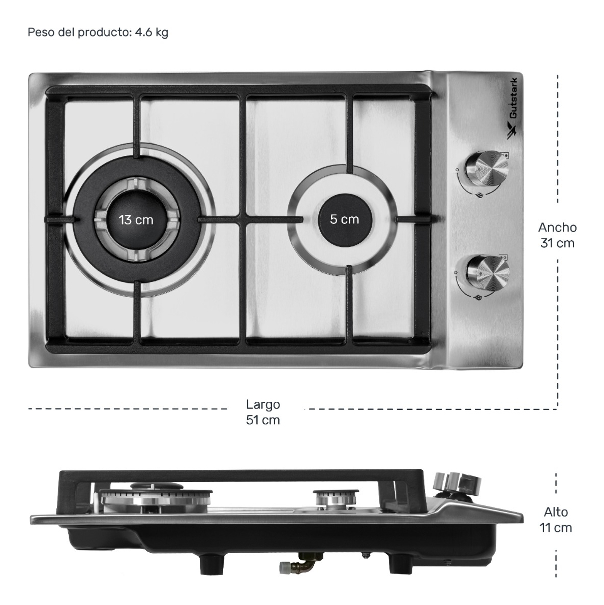 Parrilla De Gas Empotrable 2 Quemadores Acero Inoxidable