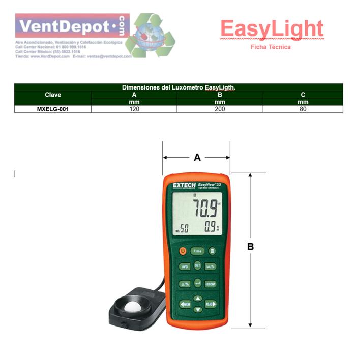 Luxometros Digitales Portátiles MXELG-001-12 Rangos de Medición 99990Fc 999900Lux Resolución 0,001Fc0,01Lux EasyLigth