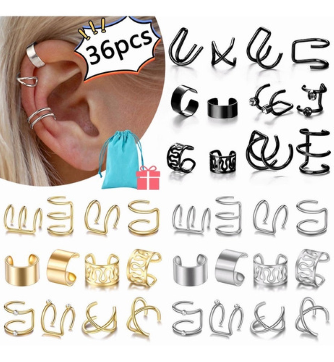 36pcs Clip Orejas Aretes Earcuff Trepadores Sin Perforación