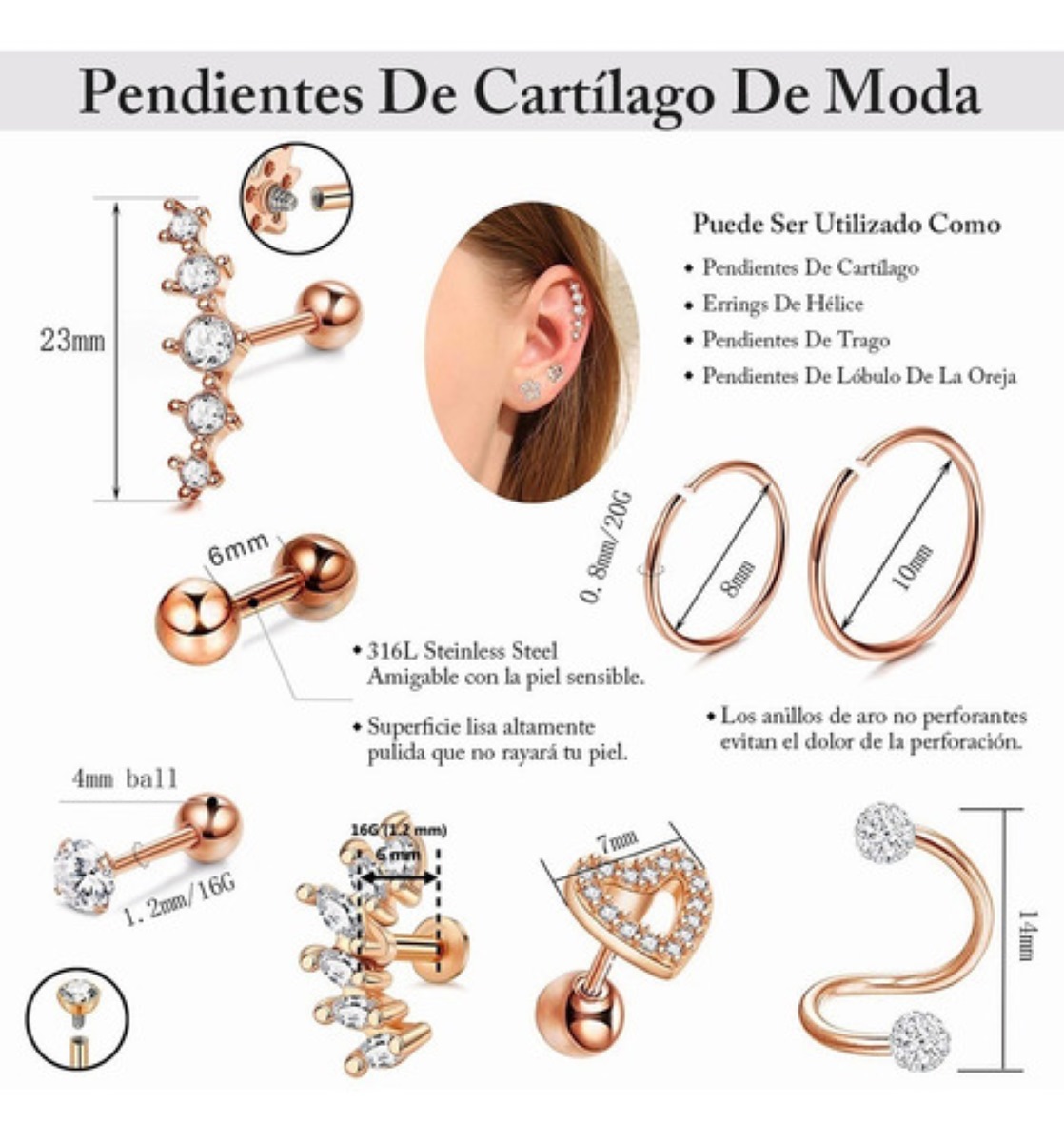 8 Pares Piercing Aretes Oreja Acero Cartílago Set Oro Rosa