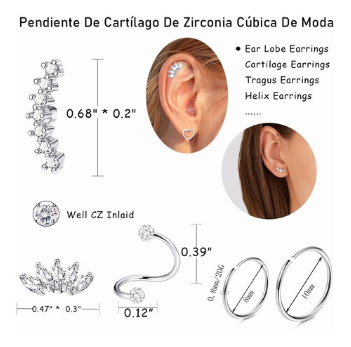 Piercing Aretes Oreja Acero Inoxidable Cartílago Set 8pares
