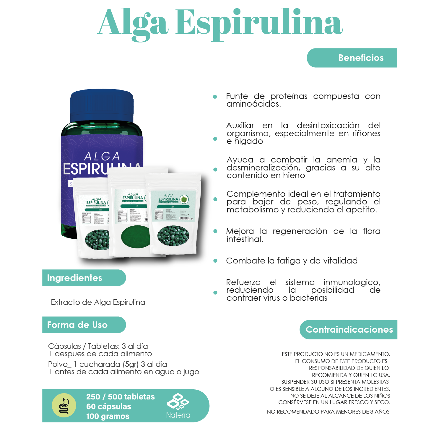 Alga Espirulina NaTerra 500 Tabletas