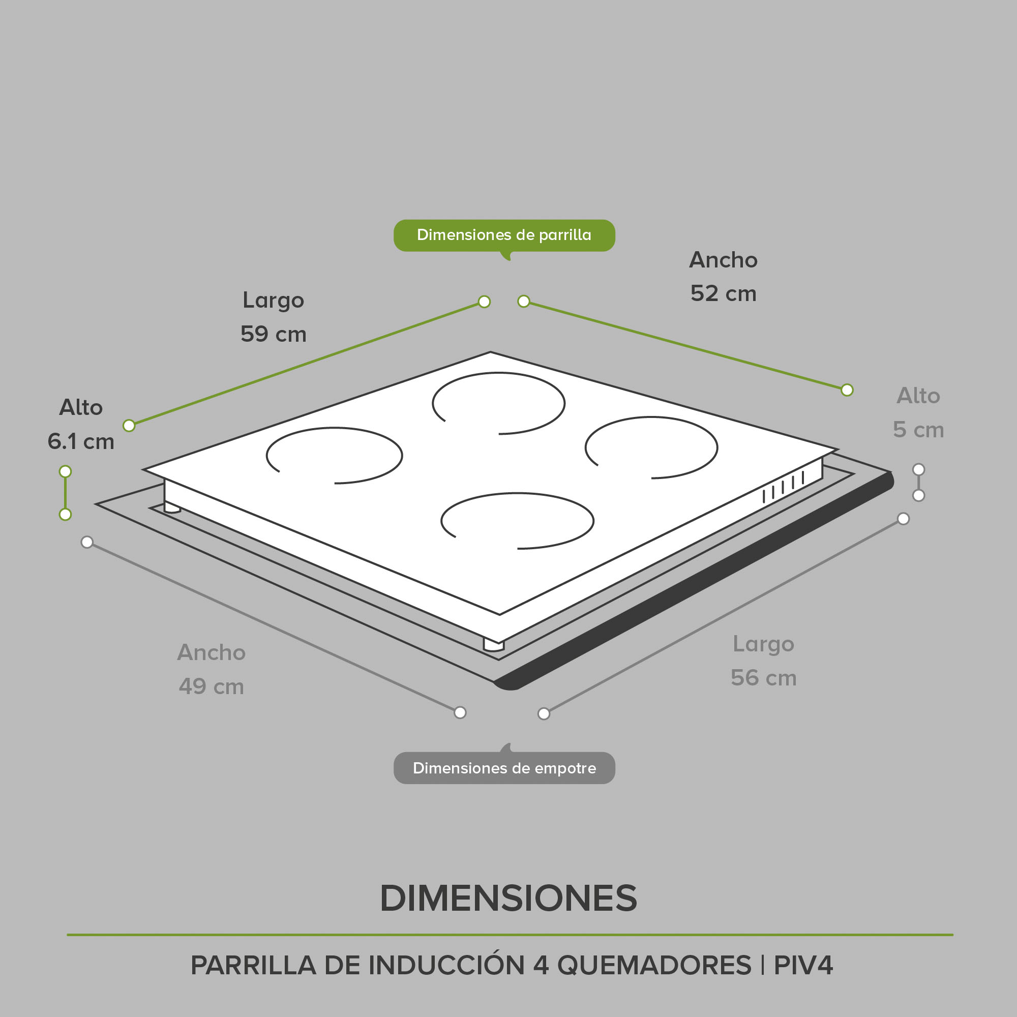 Parrilla Inducción 4 Zonas 60 CM 220v Vidrio Templado Avera PIV4