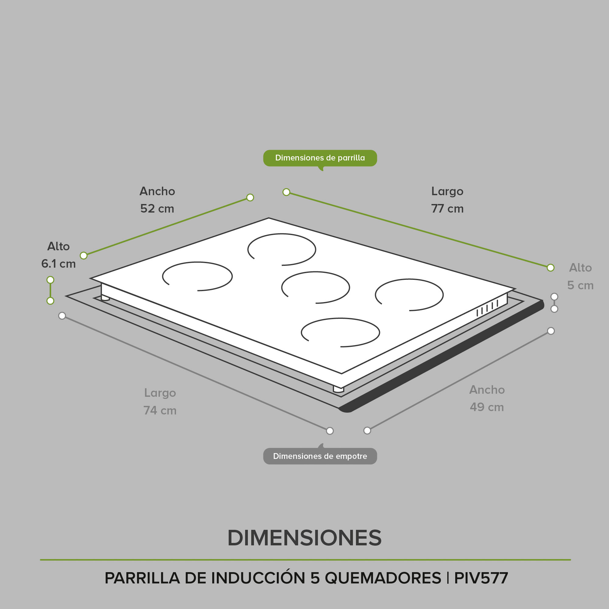 Parrilla Inducción 5 Zonas 76 CM Vidrio Tem Avera PIV577