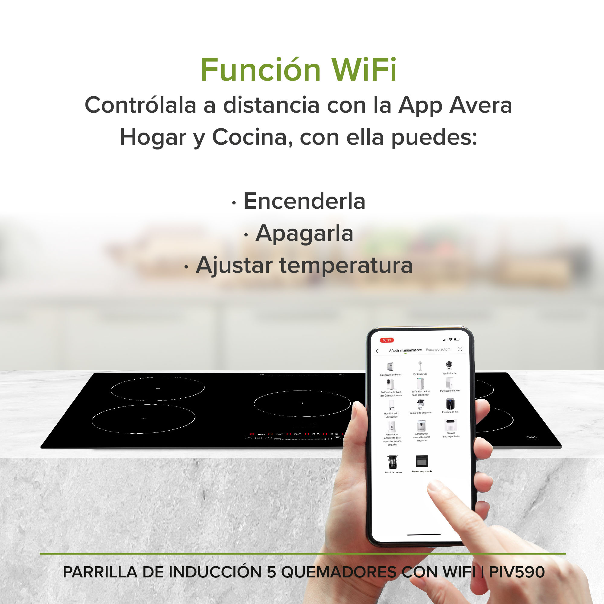 Parrilla Inducción 5 Zonas 90 CM Vidrio Tem WiFi Avera PIV590