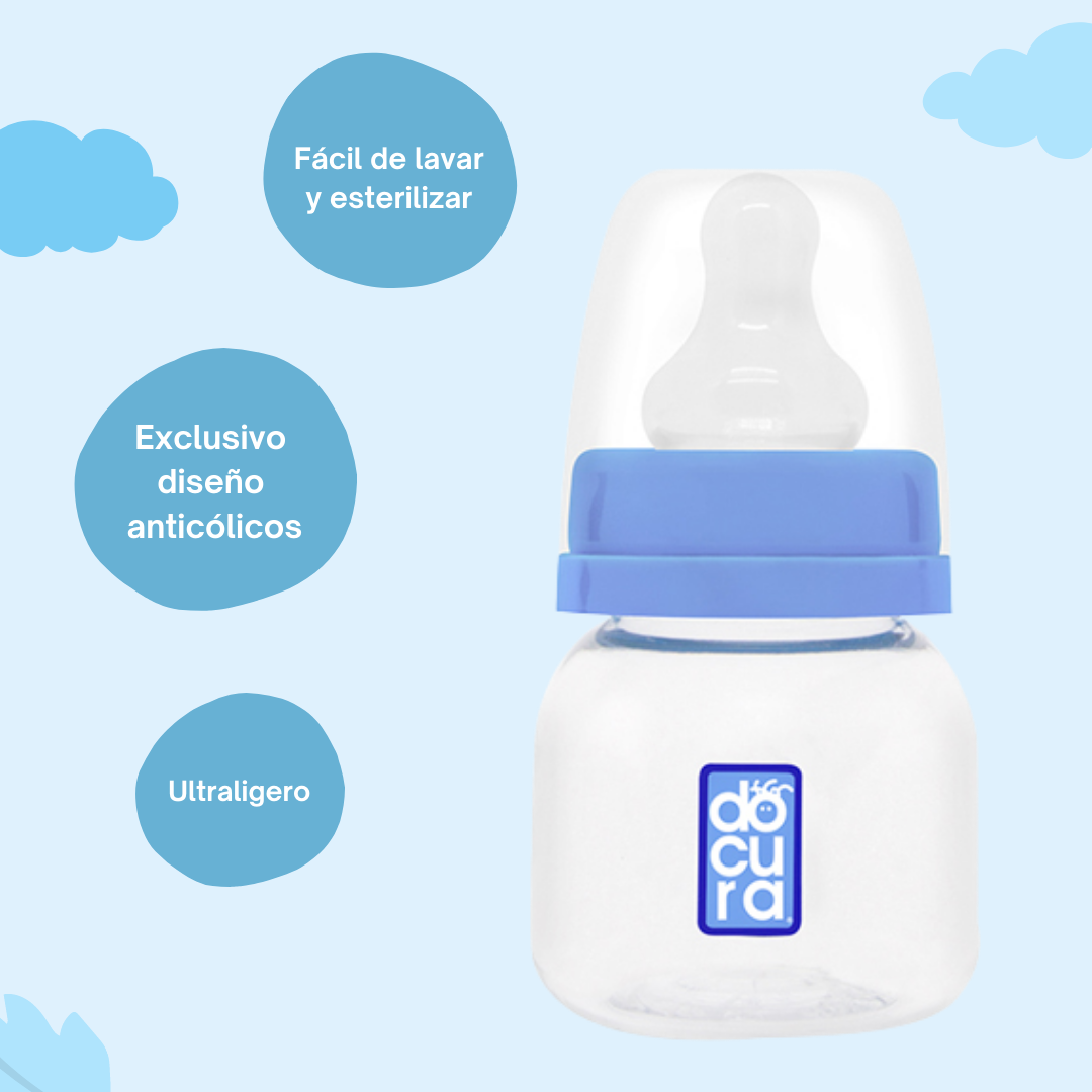 DOCURA Mamila Para Bebé Anti cólico De 2oz 60ml Para Más de 3 Meses,Biberón De Silicón Líquido, Boca Ancha, Flujo Lento, Azul, Rosa, Amarillo, Naranja