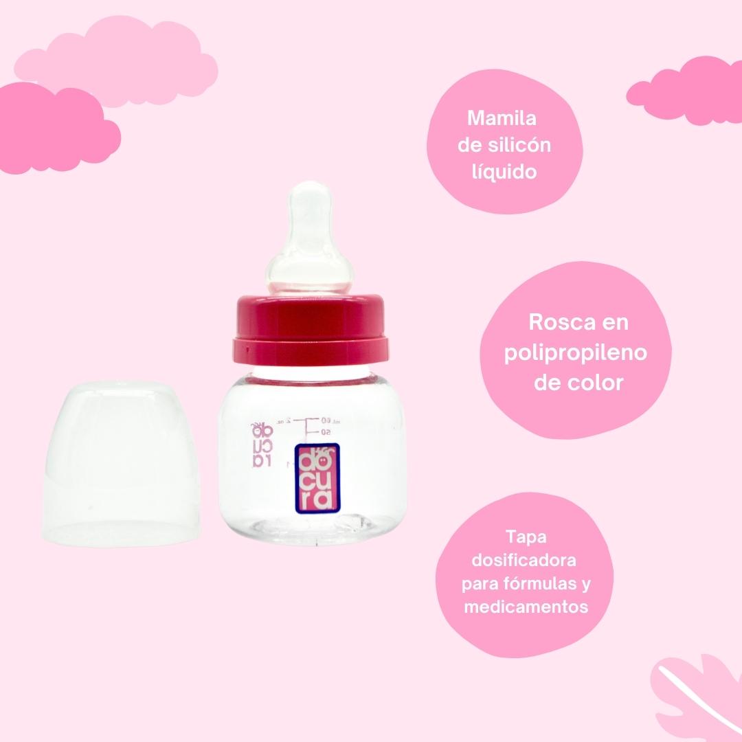 DOCURA Mamila Para Bebé Anti cólico De 2oz 60ml Para Más de 3 Meses,Biberón De Silicón Líquido, Boca Ancha, Flujo Lento, Azul, Rosa, Amarillo, Naranja