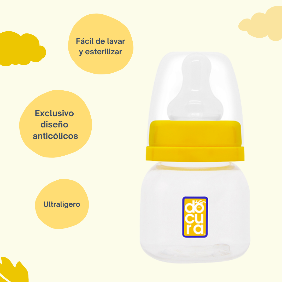DOCURA Mamila Para Bebé Anti cólico De 2oz 60ml Para Más de 3 Meses,Biberón De Silicón Líquido, Boca Ancha, Flujo Lento, Azul, Rosa, Amarillo, Naranja
