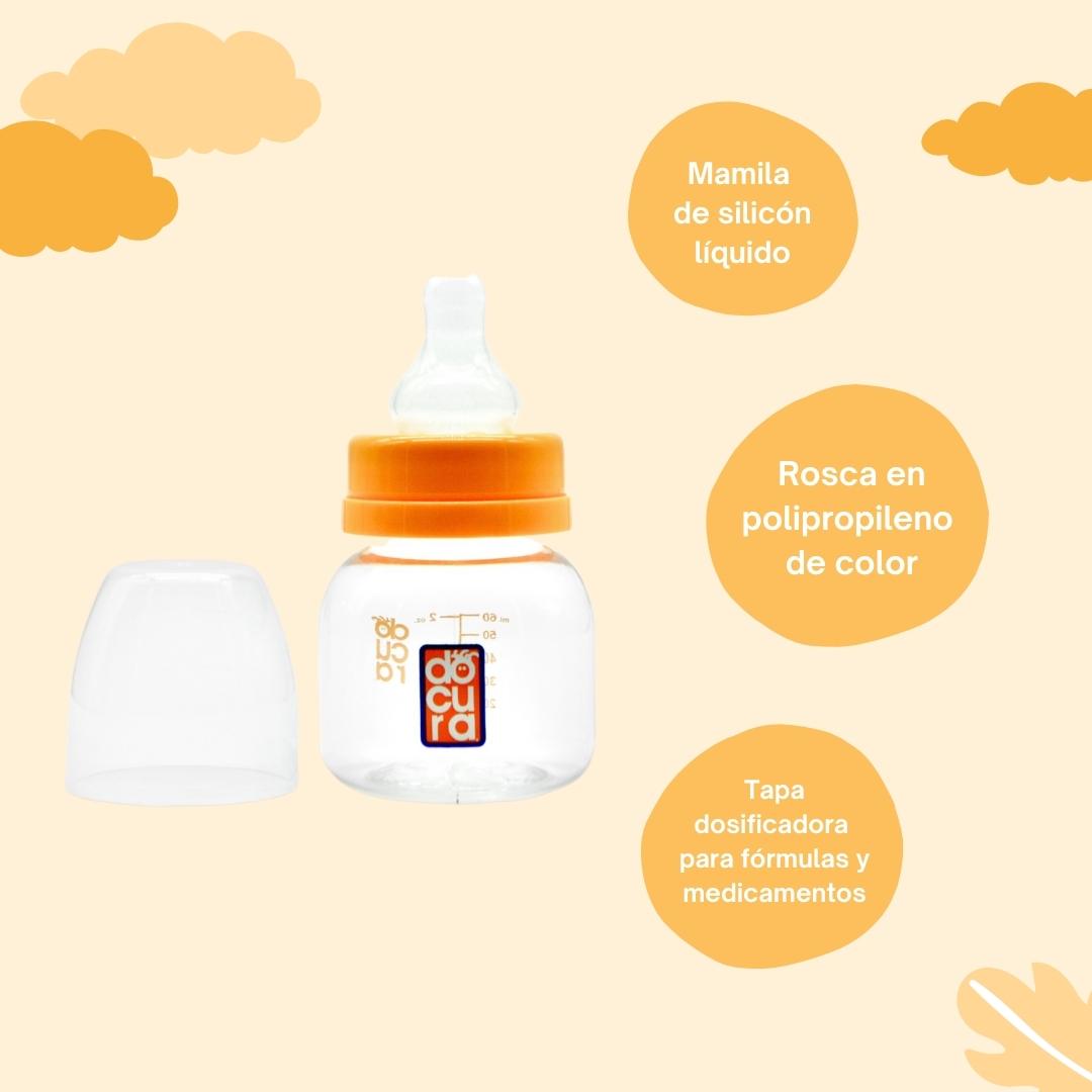 DOCURA Mamila Para Bebé Anti cólico De 2oz 60ml Para Más de 3 Meses,Biberón De Silicón Líquido, Boca Ancha, Flujo Lento, Azul, Rosa, Amarillo, Naranja