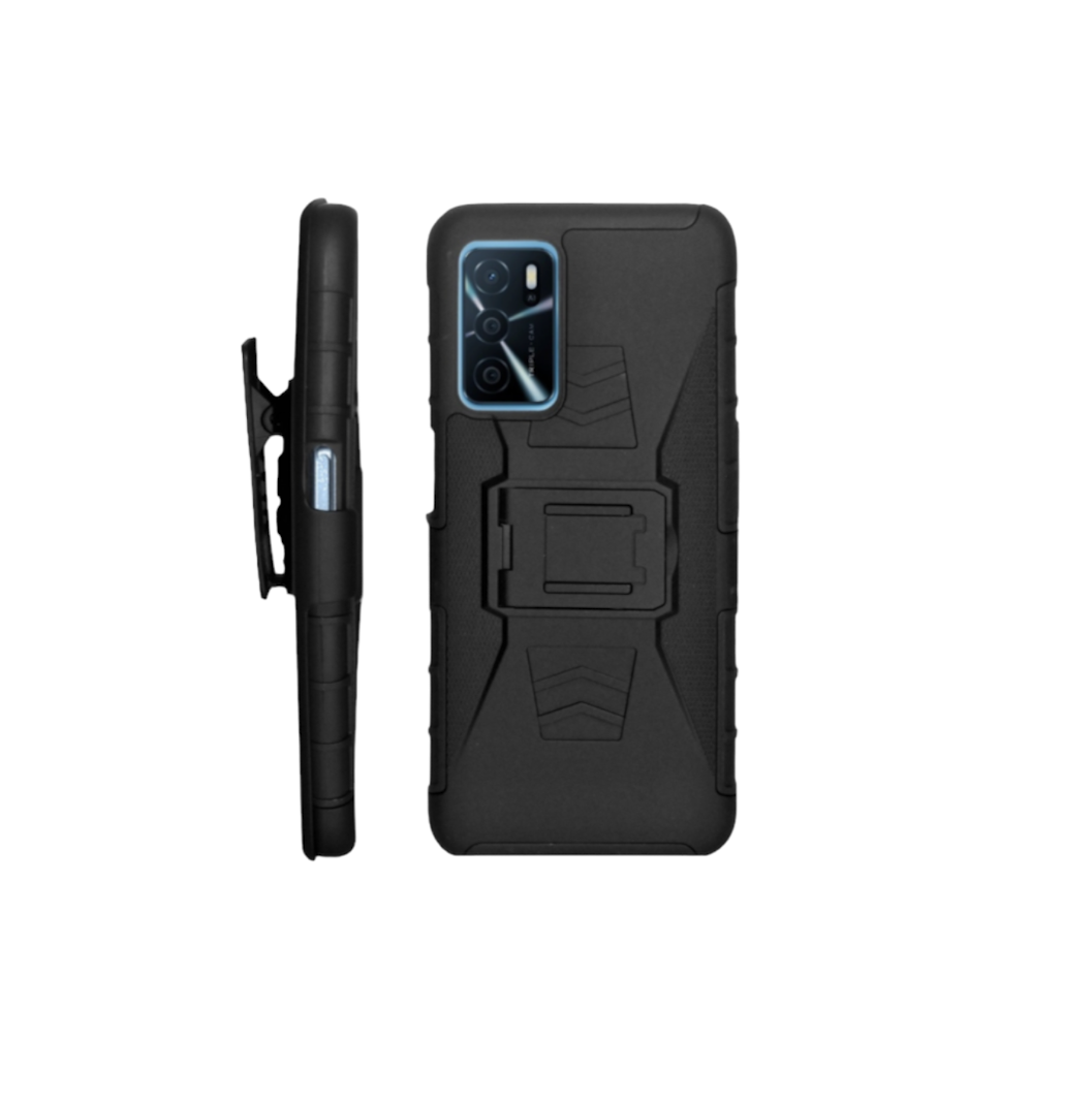 Funda Protector Uso Rudo con Clip más Mica de Cristal Gratis para OPPO A16 4g Color Negro.