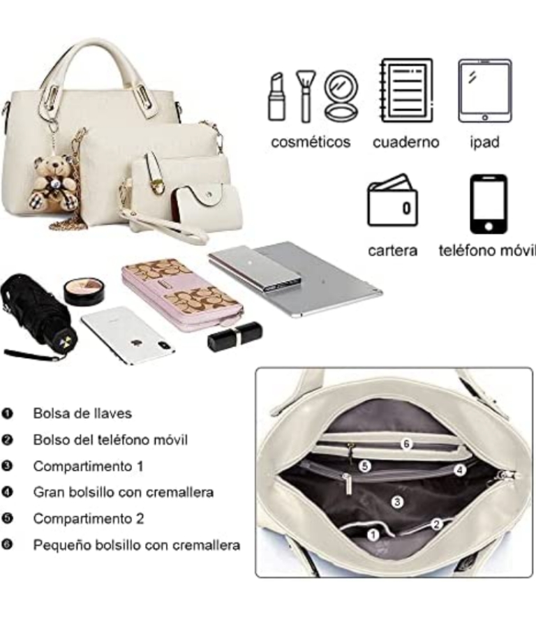 Conjunto de 4 piezas bolsa para mujer impermeable antirrobo 