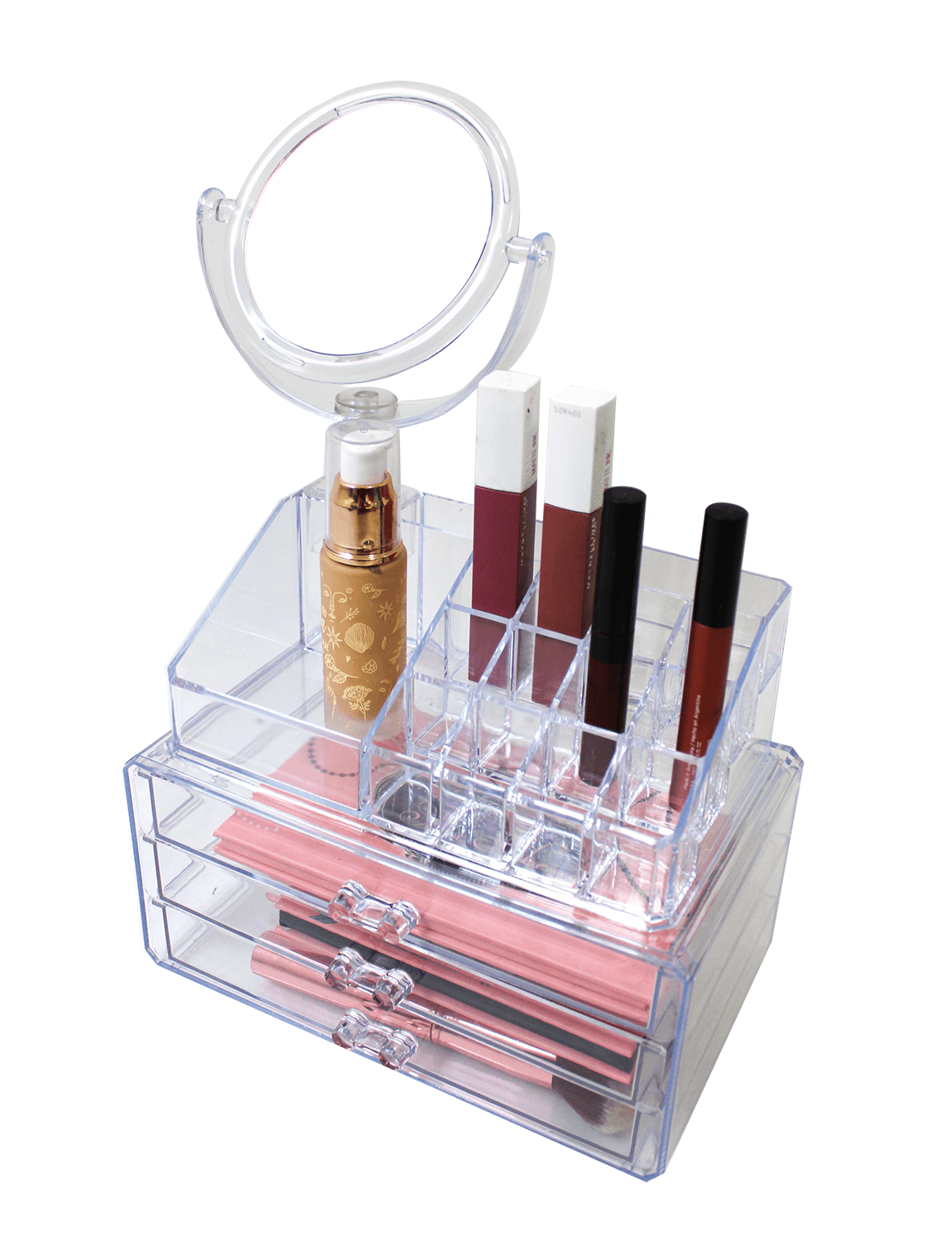 Organizador de Maquillaje Archy Acrilico con Espejo Doble Zoom Porta Maquillaje Make Up Armable Caja para Joyeria Tocador cosmetiquera Baño Cosméticos Perfume Porta Brochas (GW818)