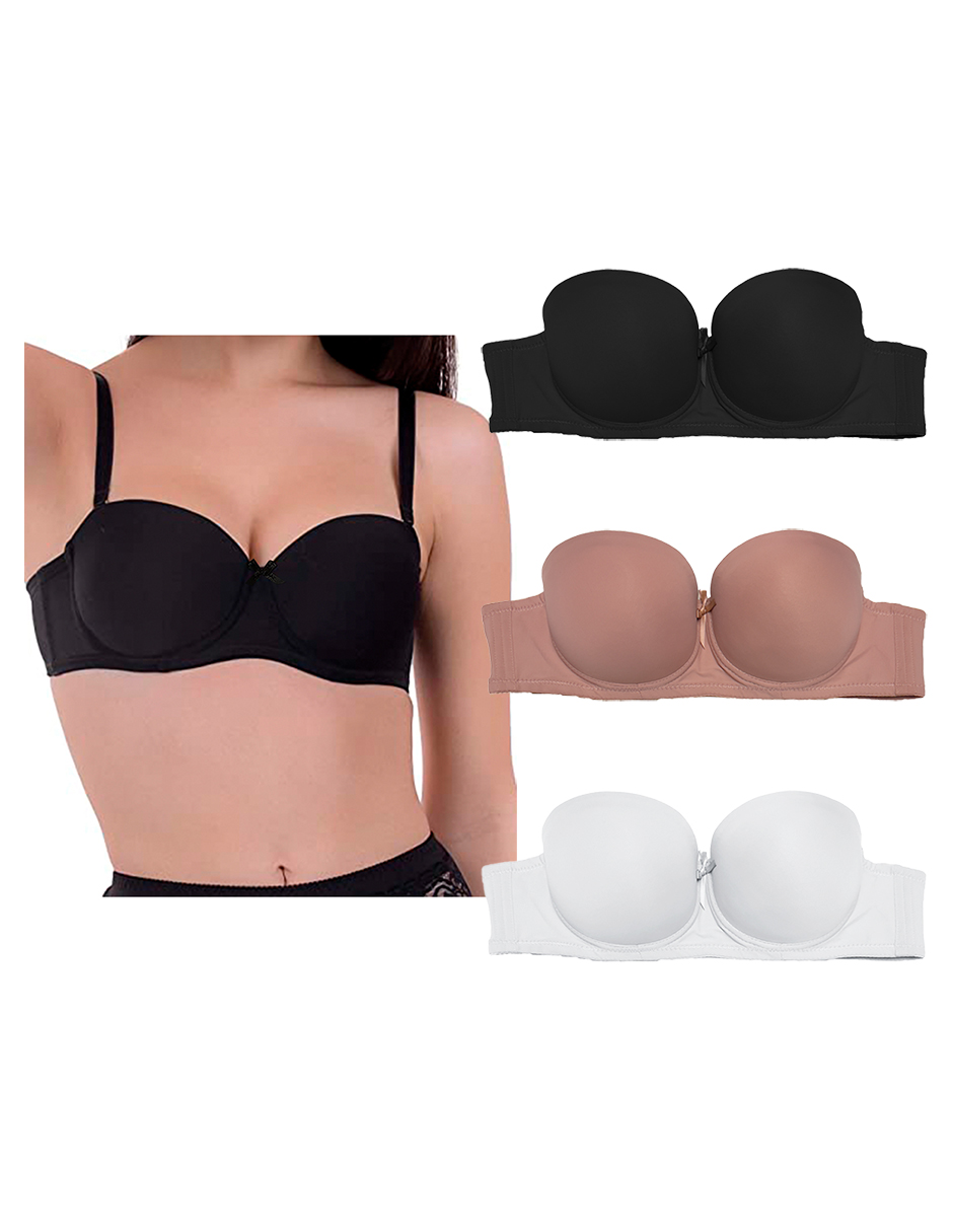 Set de 3 Brasier Strapless con SILICON en su Contorno Tatys Fashion Colores Básicos Ngro, Blanco y Nude