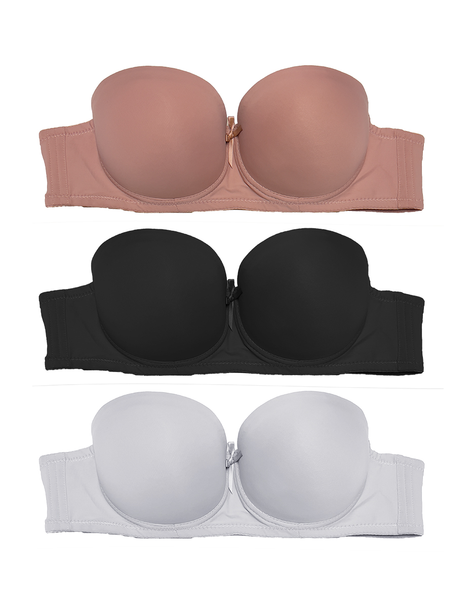 Set de 3 Brasier Strapless con SILICON en su Contorno Tatys Fashion Colores Básicos Ngro, Blanco y Nude