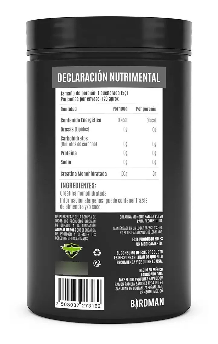 Creatina Monohidratada Birdman Sin Sabor 600gr