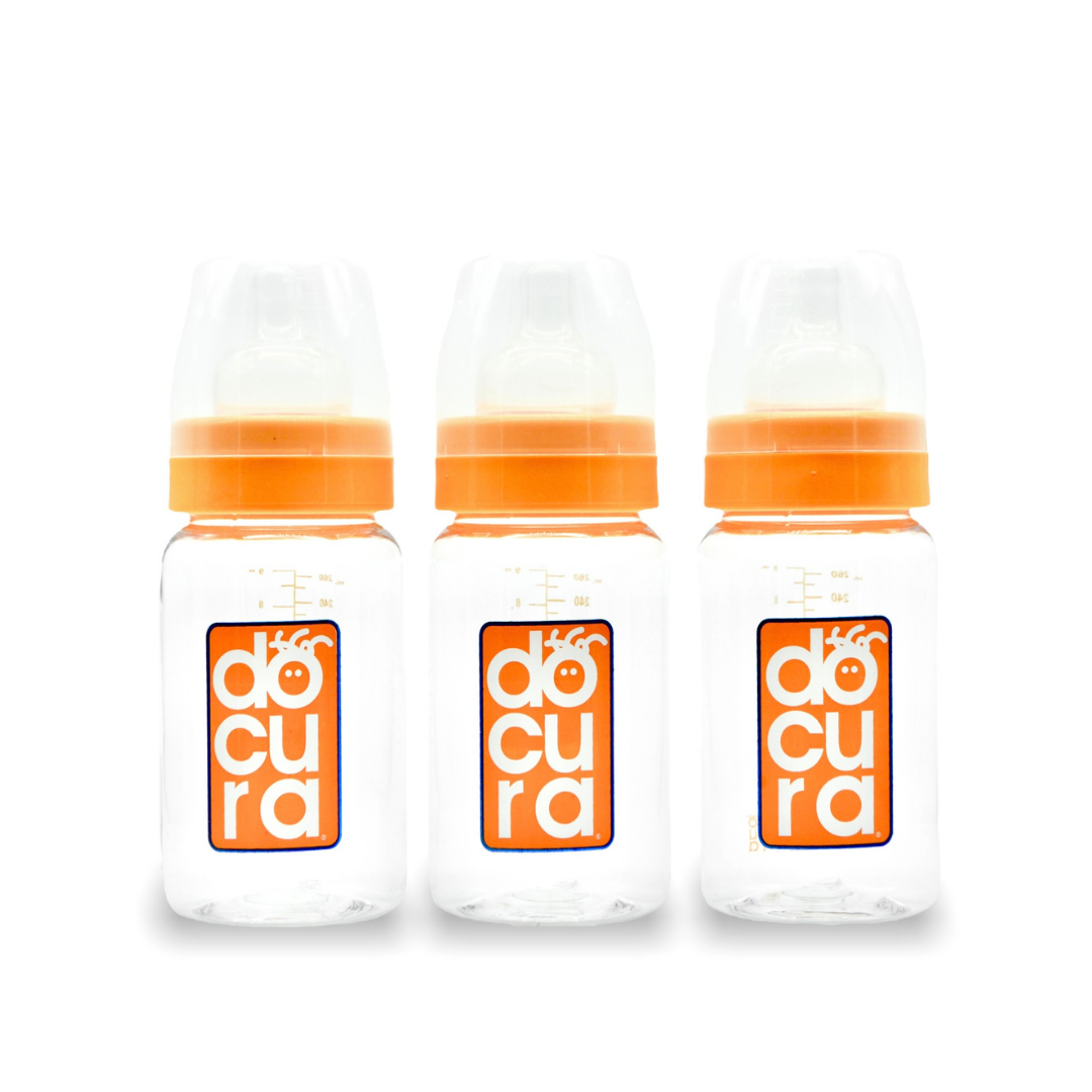 DOCURA - Set Mamilas Boca Ancha De 9 oz/260ml, 3 Piezas, Para + 3 Meses, Biberones Con Flujo Medio De Silicón Líquido, Anticólicos, Libre de BPA, Colores: Amarillo, Rosa, Azul y Naranja