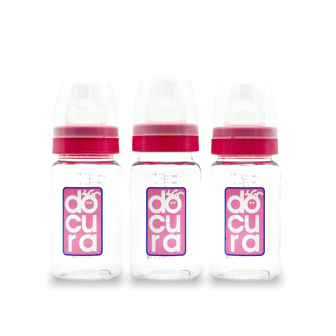 DOCURA - Set Mamilas Boca Ancha De 9 oz/260ml, 3 Piezas, Para + 3 Meses, Biberones Con Flujo Medio De Silicón Líquido, Anticólicos, Libre de BPA, Colores: Amarillo, Rosa, Azul y Naranja