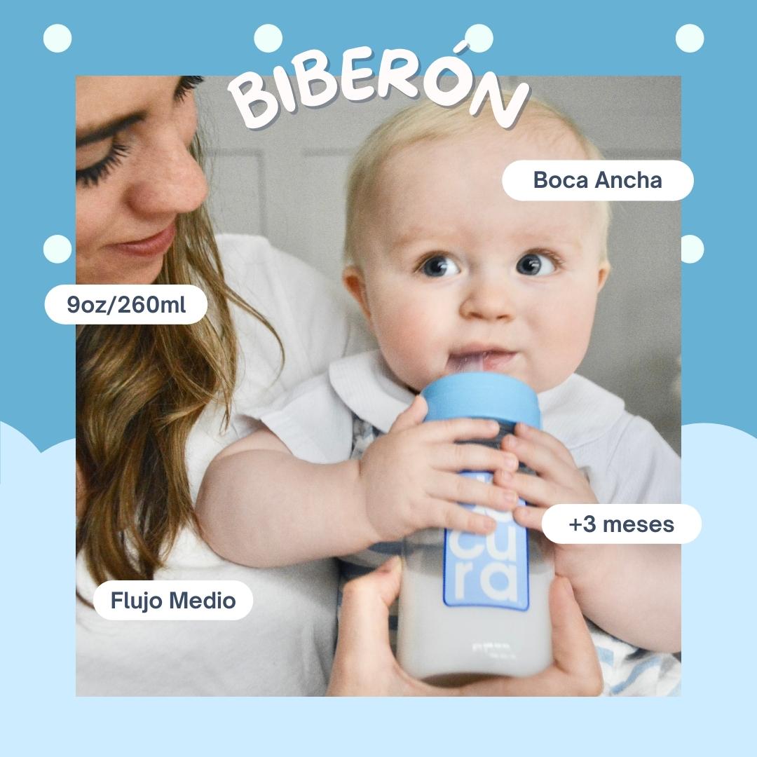 DOCURA - Set Mamilas Boca Ancha De 9 oz/260ml, 3 Piezas, Para + 3 Meses, Biberones Con Flujo Medio De Silicón Líquido, Anticólicos, Libre de BPA, Colores: Amarillo, Rosa, Azul y Naranja