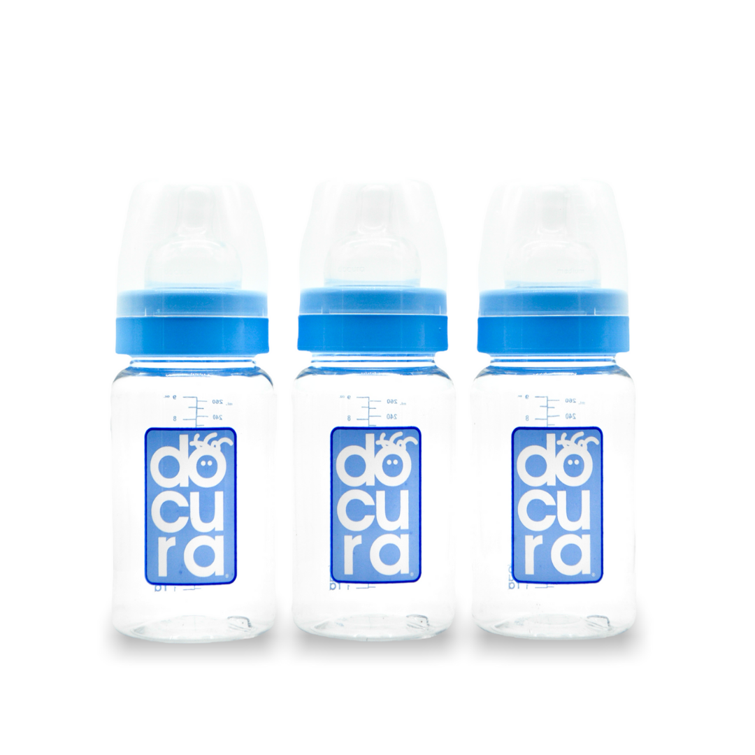 DOCURA - Set Mamilas Boca Ancha De 9 oz/260ml, 3 Piezas, Para + 3 Meses, Biberones Con Flujo Medio De Silicón Líquido, Anticólicos, Libre de BPA, Colores: Amarillo, Rosa, Azul y Naranja