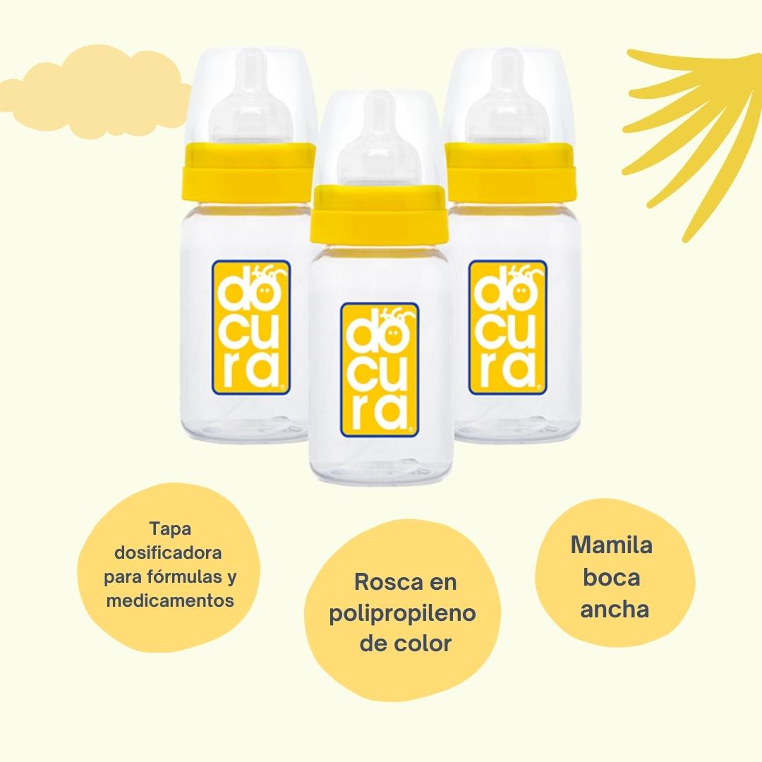 DOCURA - Set Mamilas Boca Ancha De 9 oz/260ml, 3 Piezas, Para + 3 Meses, Biberones Con Flujo Medio De Silicón Líquido, Anticólicos, Libre de BPA, Colores: Amarillo, Rosa, Azul y Naranja