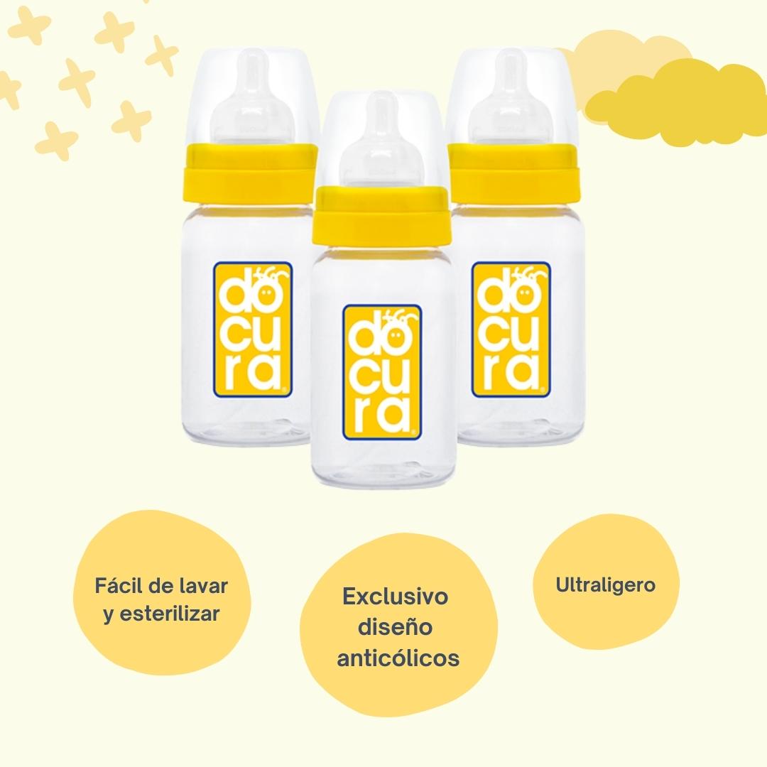 DOCURA - Set Mamilas Boca Ancha De 9 oz/260ml, 3 Piezas, Para + 3 Meses, Biberones Con Flujo Medio De Silicón Líquido, Anticólicos, Libre de BPA, Colores: Amarillo, Rosa, Azul y Naranja