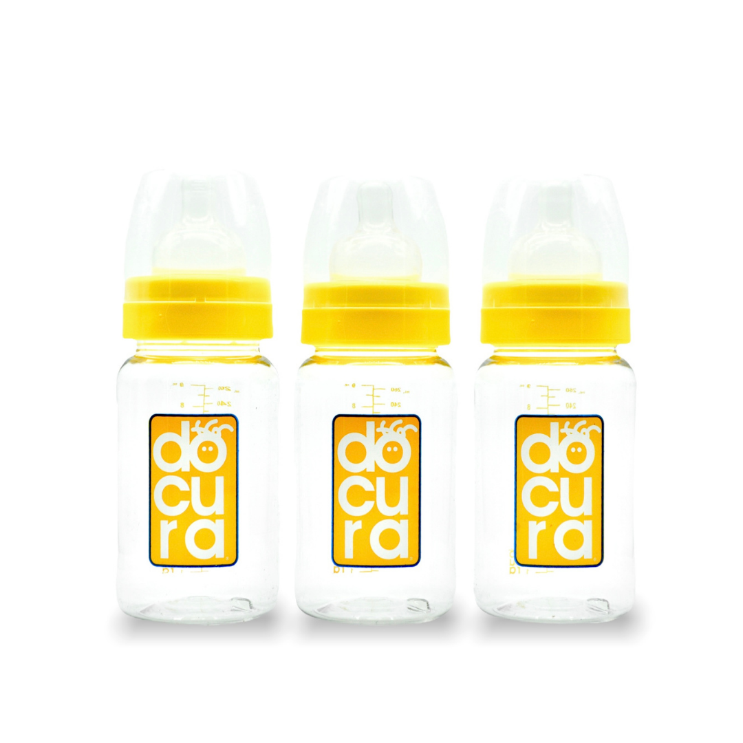 DOCURA - Set Mamilas Boca Ancha De 9 oz/260ml, 3 Piezas, Para + 3 Meses, Biberones Con Flujo Medio De Silicón Líquido, Anticólicos, Libre de BPA, Colores: Amarillo, Rosa, Azul y Naranja
