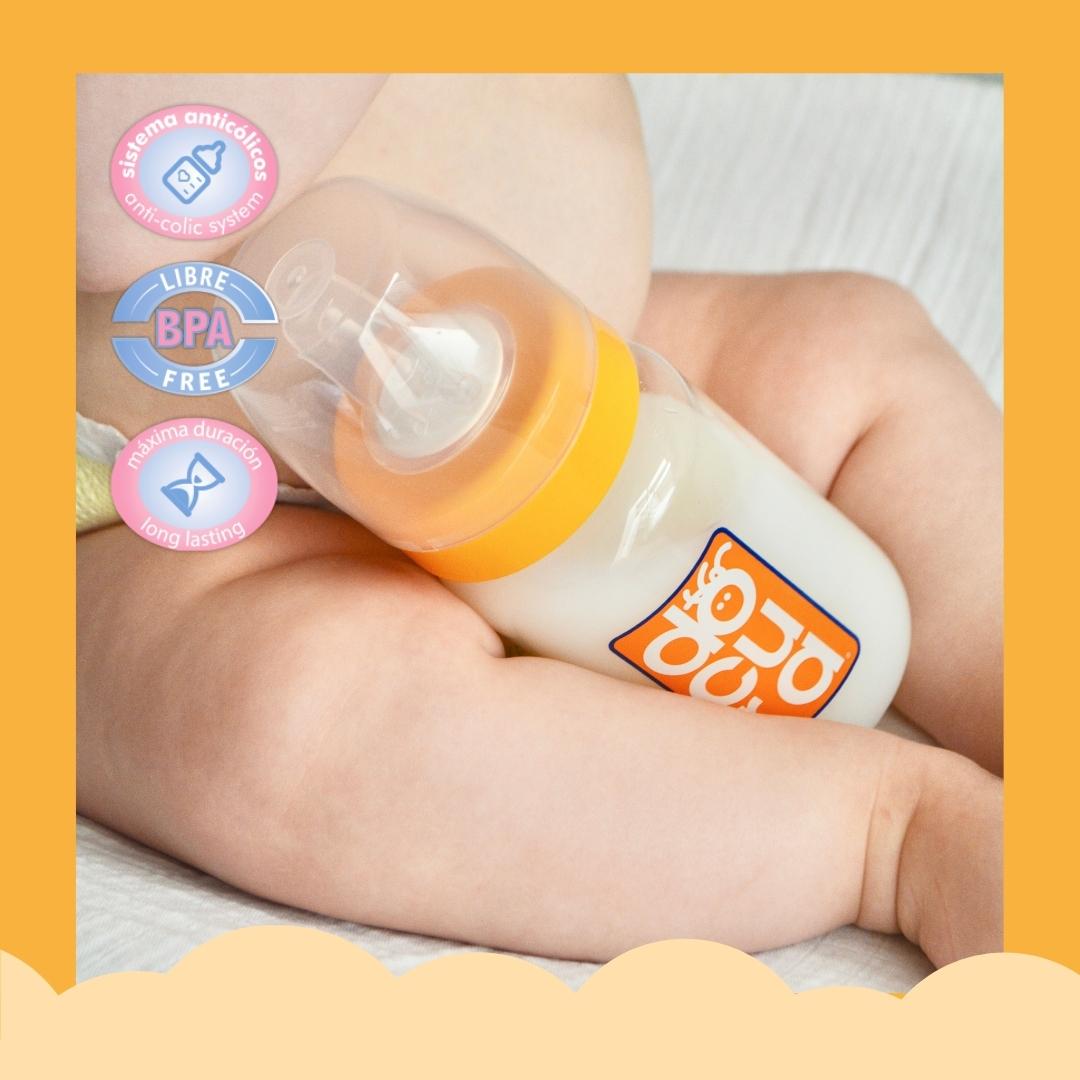 DOCURA - Mamila Para Bebé De 9 oz/260ml Con Boca Ancha, Biberón Con Flujo Medio De Silicón Líquido, Anti cólicos, Libre de BPA, Colores Amarillo, Rosa, Azul y Naranja