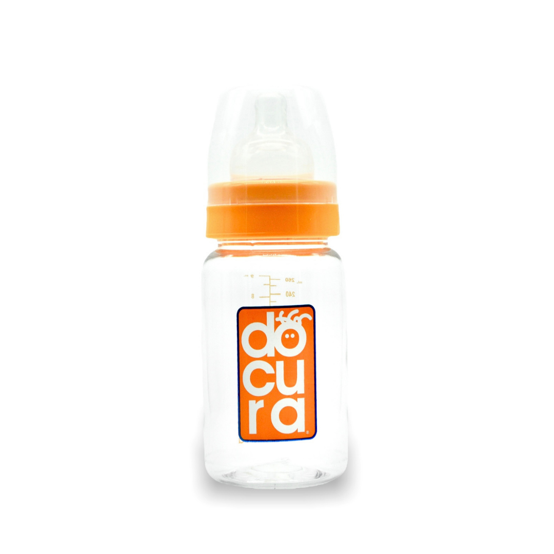 DOCURA - Mamila Para Bebé De 9 oz/260ml Con Boca Ancha, Biberón Con Flujo Medio De Silicón Líquido, Anti cólicos, Libre de BPA, Colores Amarillo, Rosa, Azul y Naranja