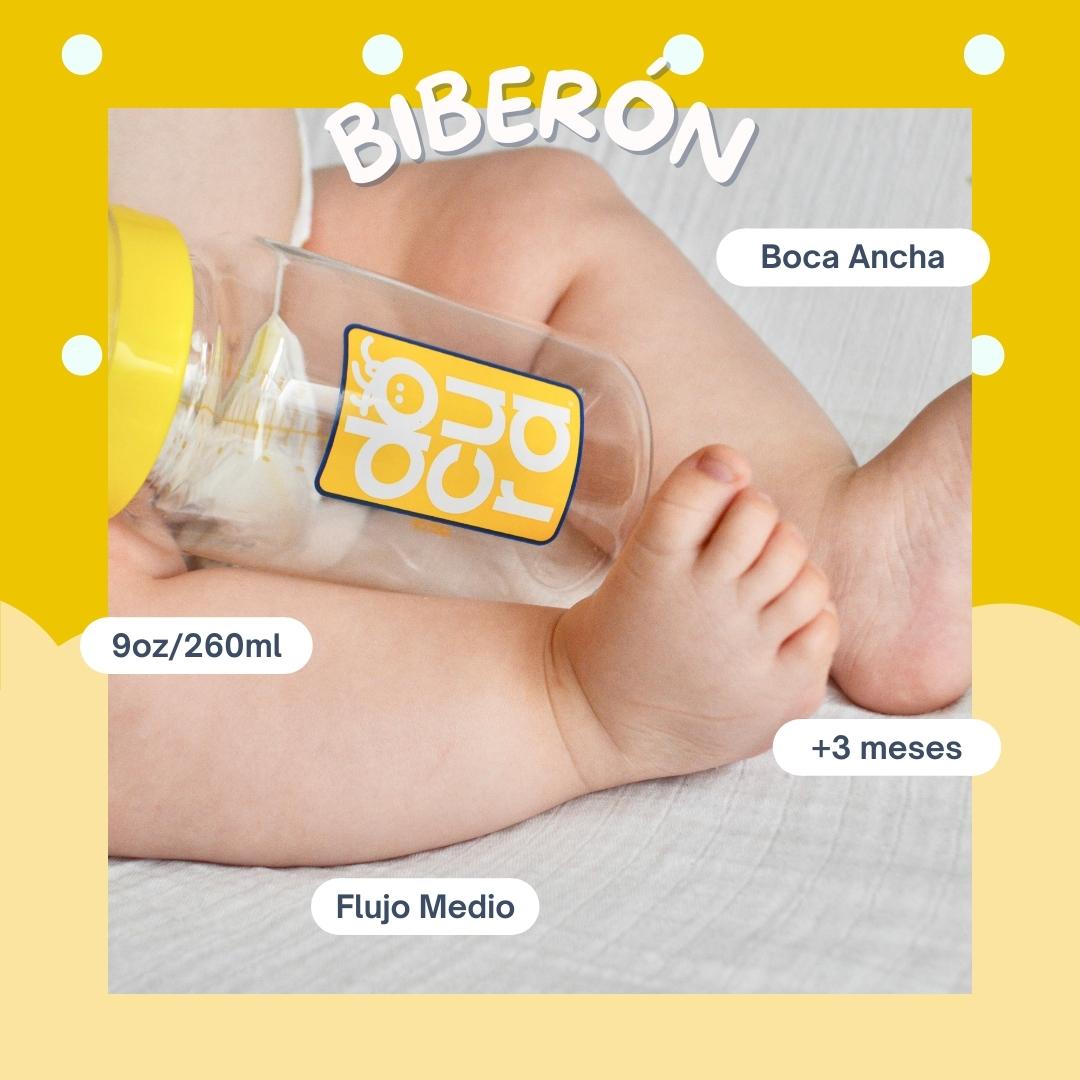 DOCURA - Mamila Para Bebé De 9 oz/260ml Con Boca Ancha, Biberón Con Flujo Medio De Silicón Líquido, Anti cólicos, Libre de BPA, Colores Amarillo, Rosa, Azul y Naranja