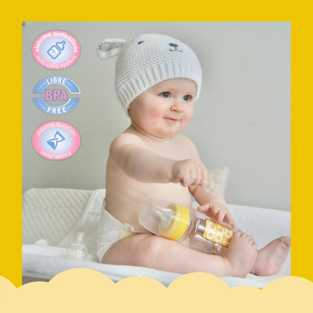 DOCURA - Mamila Para Bebé De 9 oz/260ml Con Boca Ancha, Biberón Con Flujo Medio De Silicón Líquido, Anti cólicos, Libre de BPA, Colores Amarillo, Rosa, Azul y Naranja