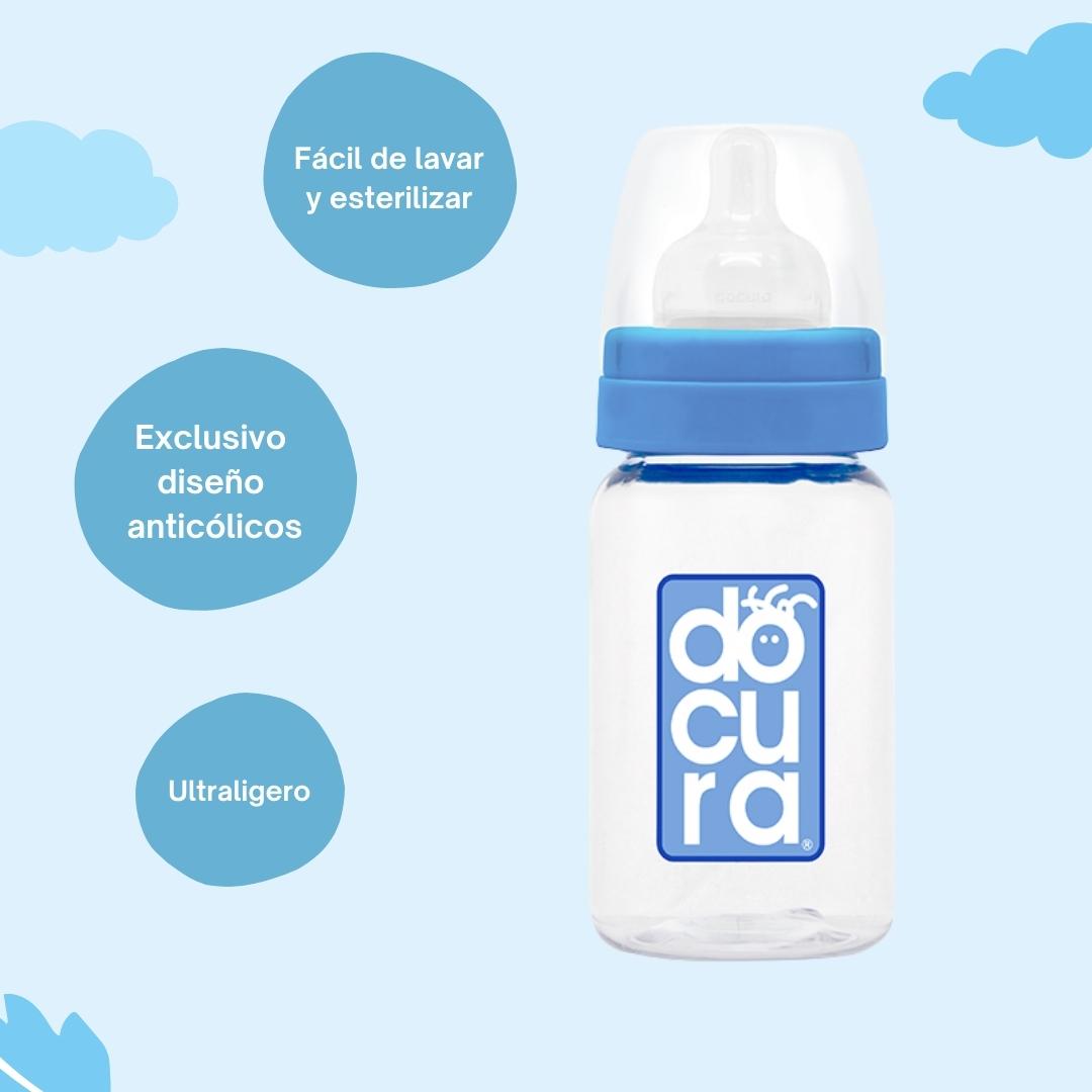 DOCURA - Mamila Para Bebé De 9 oz/260ml Con Boca Ancha, Biberón Con Flujo Medio De Silicón Líquido, Anti cólicos, Libre de BPA, Colores Amarillo, Rosa, Azul y Naranja