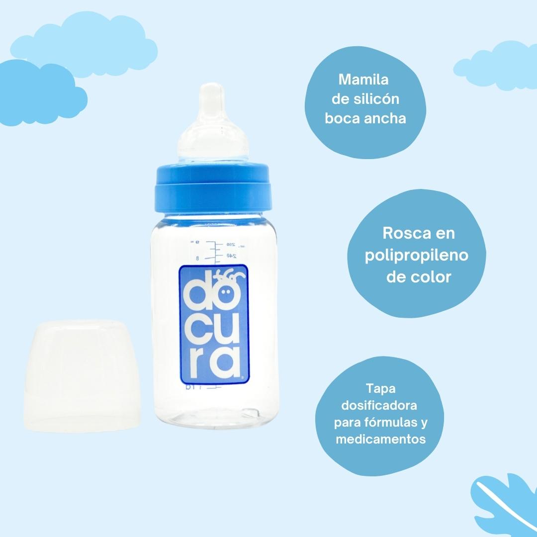 DOCURA - Mamila Para Bebé De 9 oz/260ml Con Boca Ancha, Biberón Con Flujo Medio De Silicón Líquido, Anti cólicos, Libre de BPA, Colores Amarillo, Rosa, Azul y Naranja