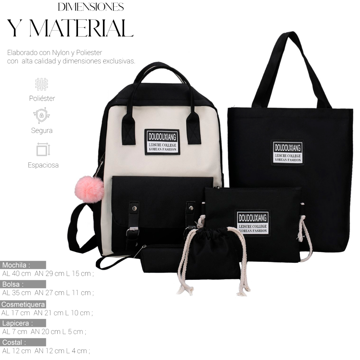 Conjunto De Mochila Y Bolsas Modernas Para Mujer De 3 Pz Color Negro