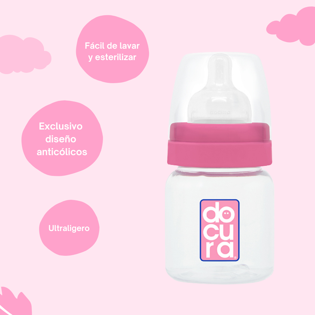 DOCURA - Mamila Para Bebé De 5 oz/150ml Con Boca Ancha, Biberón Con Flujo Lento De Silicón Líquido, Anti cólicos, Libre de BPA, Colores: Amarillo, Rosa, Azul y Naranja