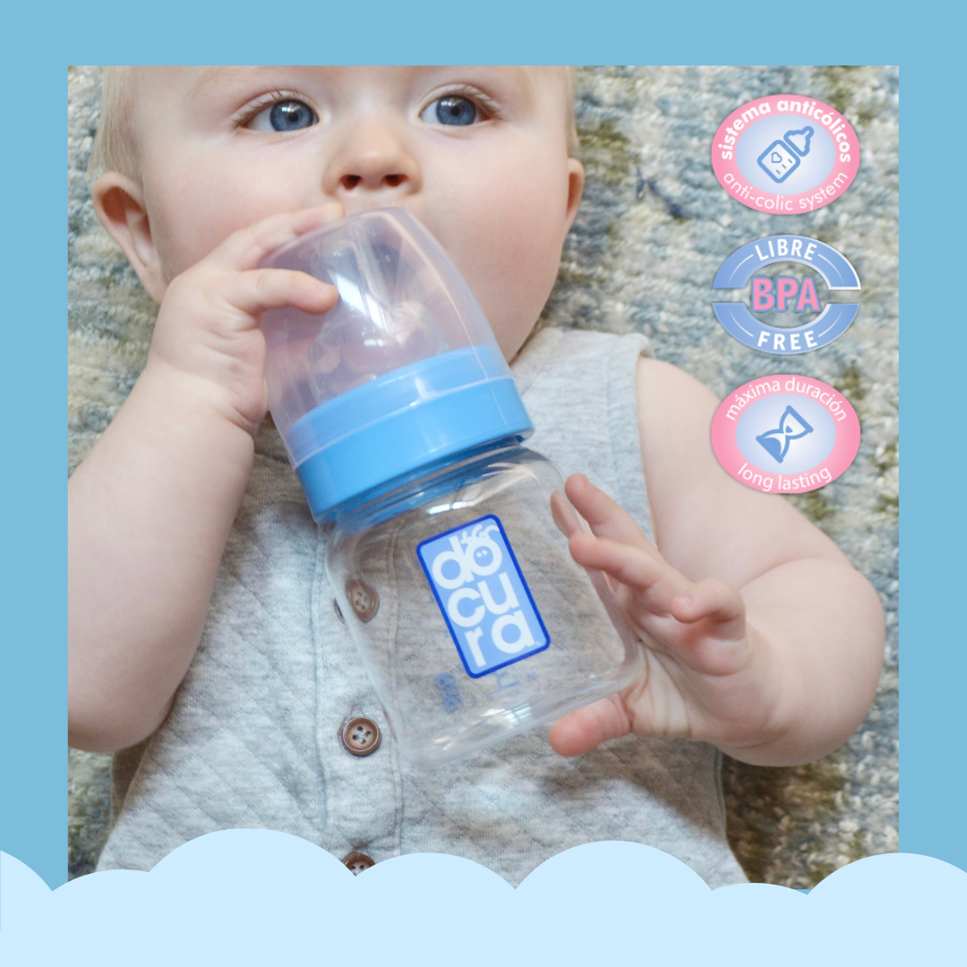 DOCURA - Mamila Para Bebé De 5 oz/150ml Con Boca Ancha, Biberón Con Flujo Lento De Silicón Líquido, Anti cólicos, Libre de BPA, Colores: Amarillo, Rosa, Azul y Naranja