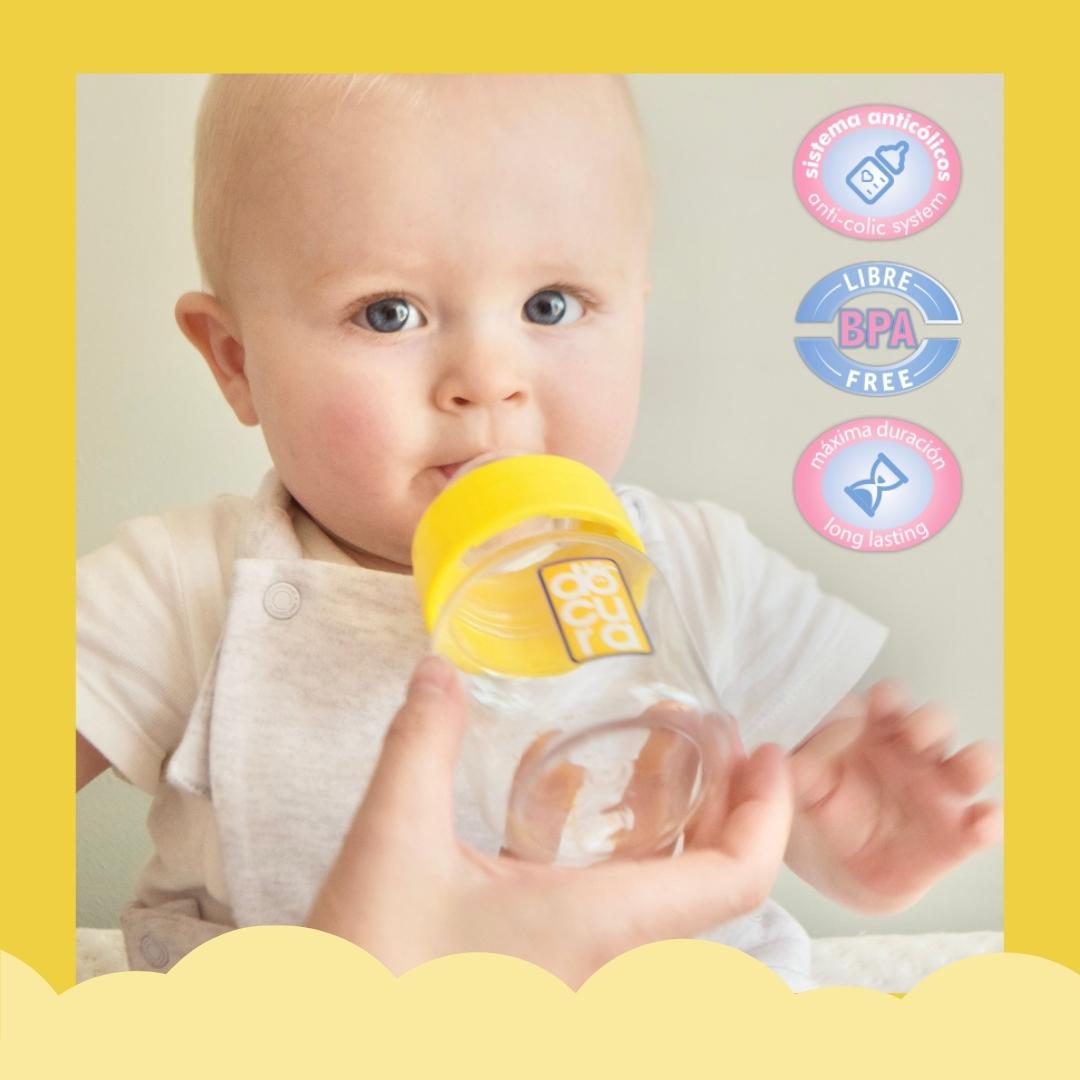 DOCURA - Mamila Para Bebé De 5 oz/150ml Con Boca Ancha, Biberón Con Flujo Lento De Silicón Líquido, Anti cólicos, Libre de BPA, Colores: Amarillo, Rosa, Azul y Naranja