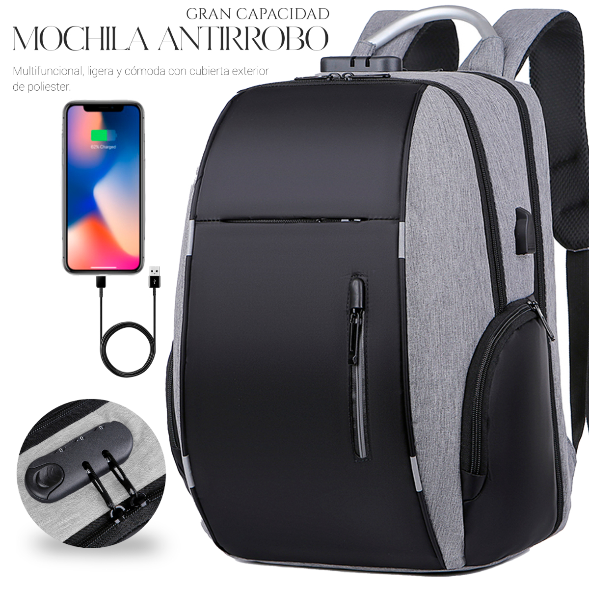 Mochila Antirrobo De Gran Capacidad Con Cargador Usb