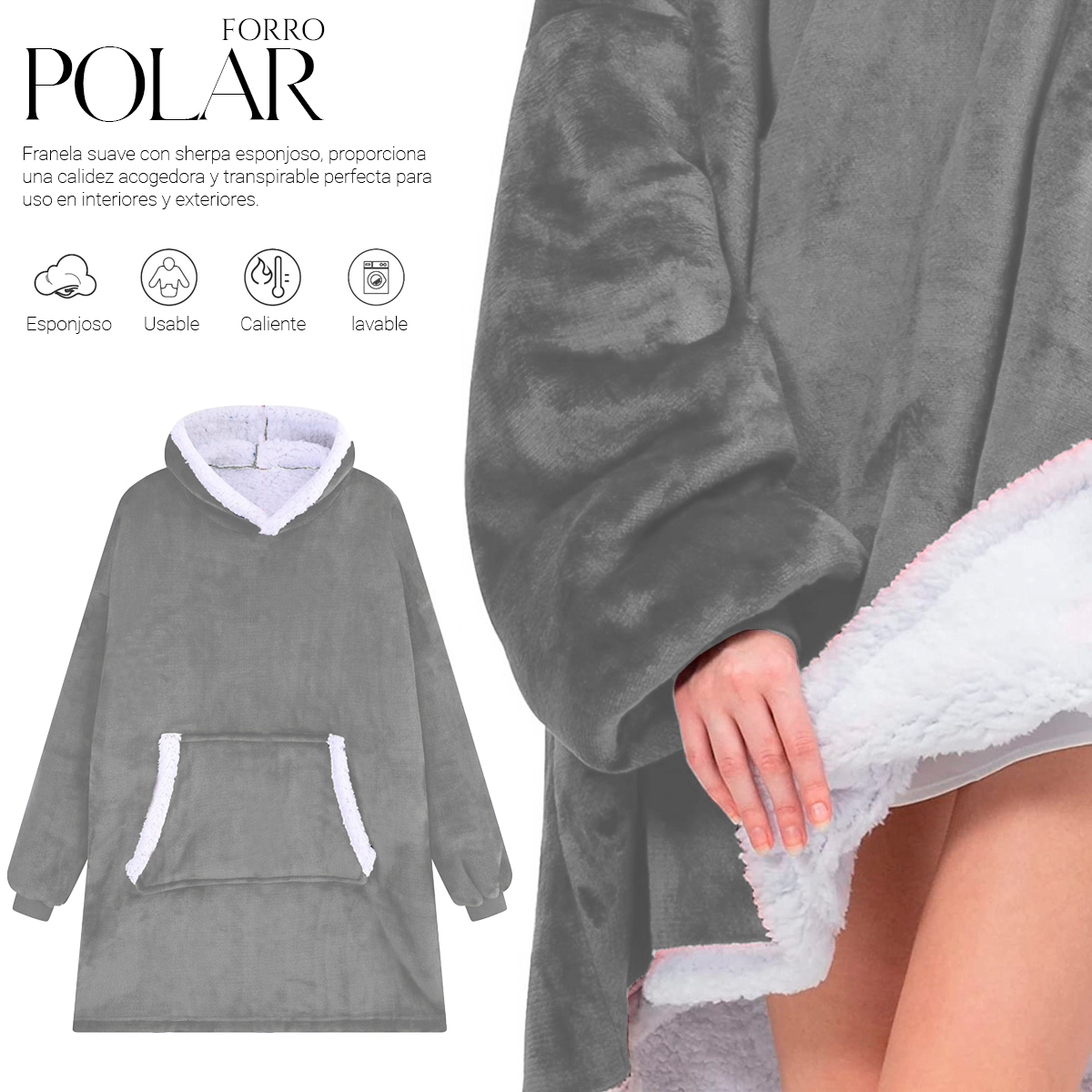 Sudadera Cobija Color Gris Hoodie Con Capucha Afelpada Calientita Suave