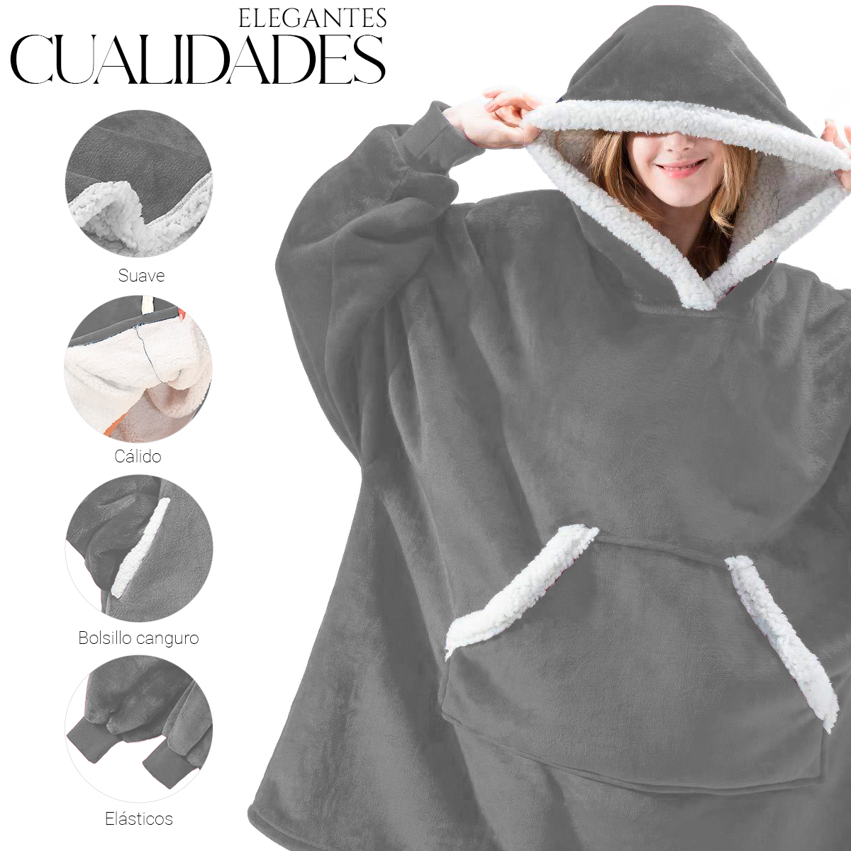 Sudadera Cobija Color Gris Hoodie Con Capucha Afelpada Calientita Suave
