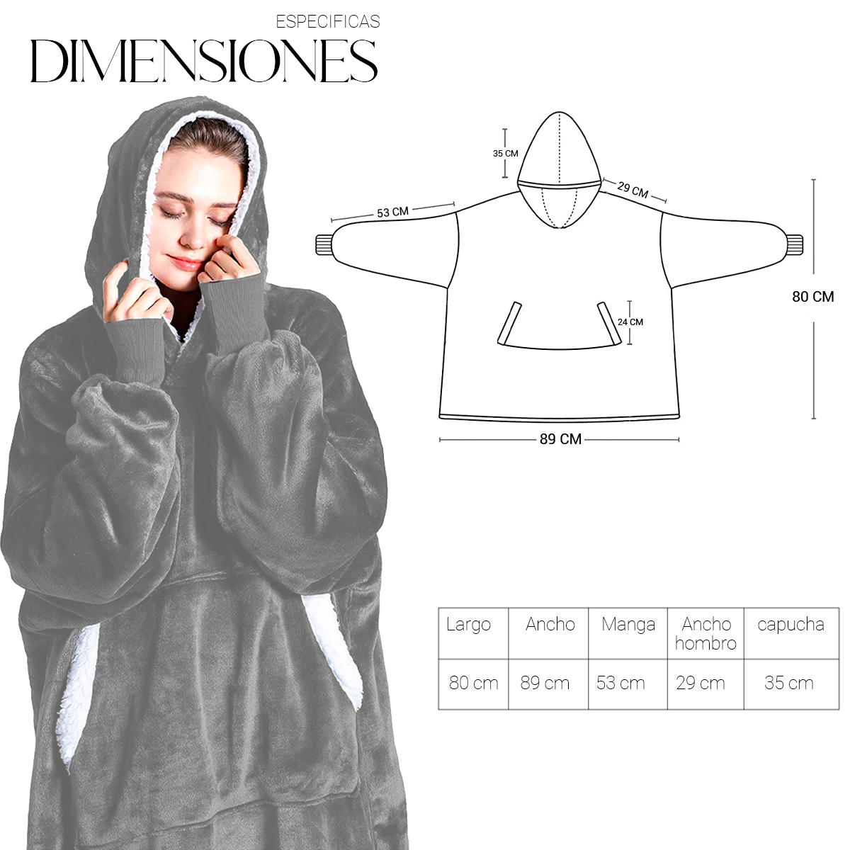 Sudadera Cobija Color Gris Hoodie Con Capucha Afelpada Calientita Suave
