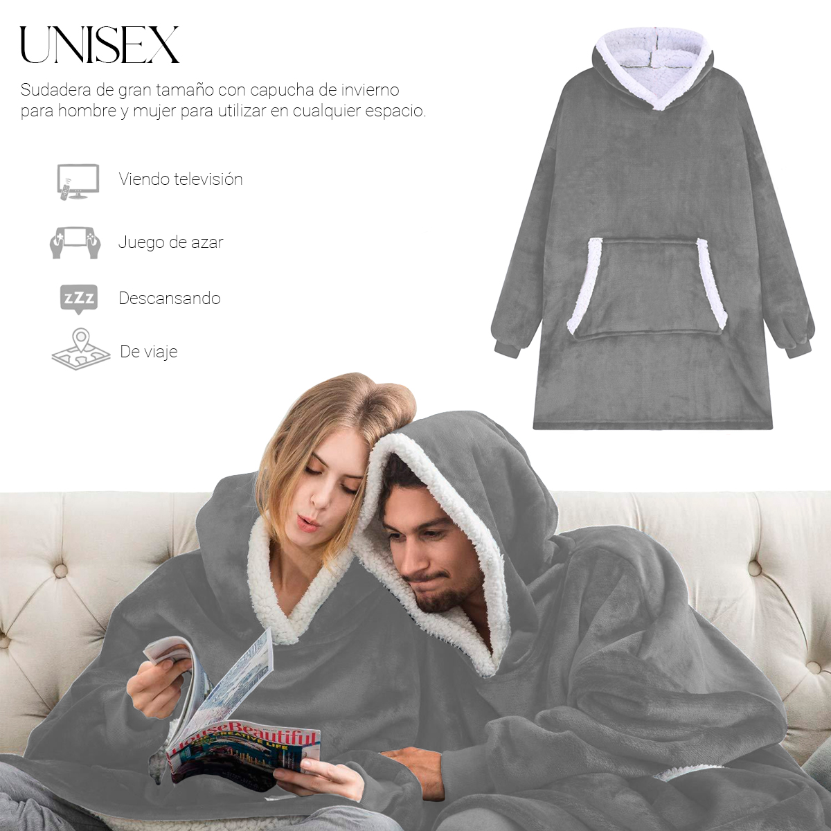 Sudadera Cobija Color Gris Hoodie Con Capucha Afelpada Calientita Suave
